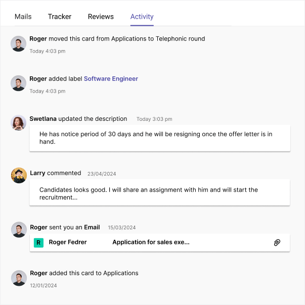 Conversations tab of candidate history to manage hiring in Tacitbase for founders